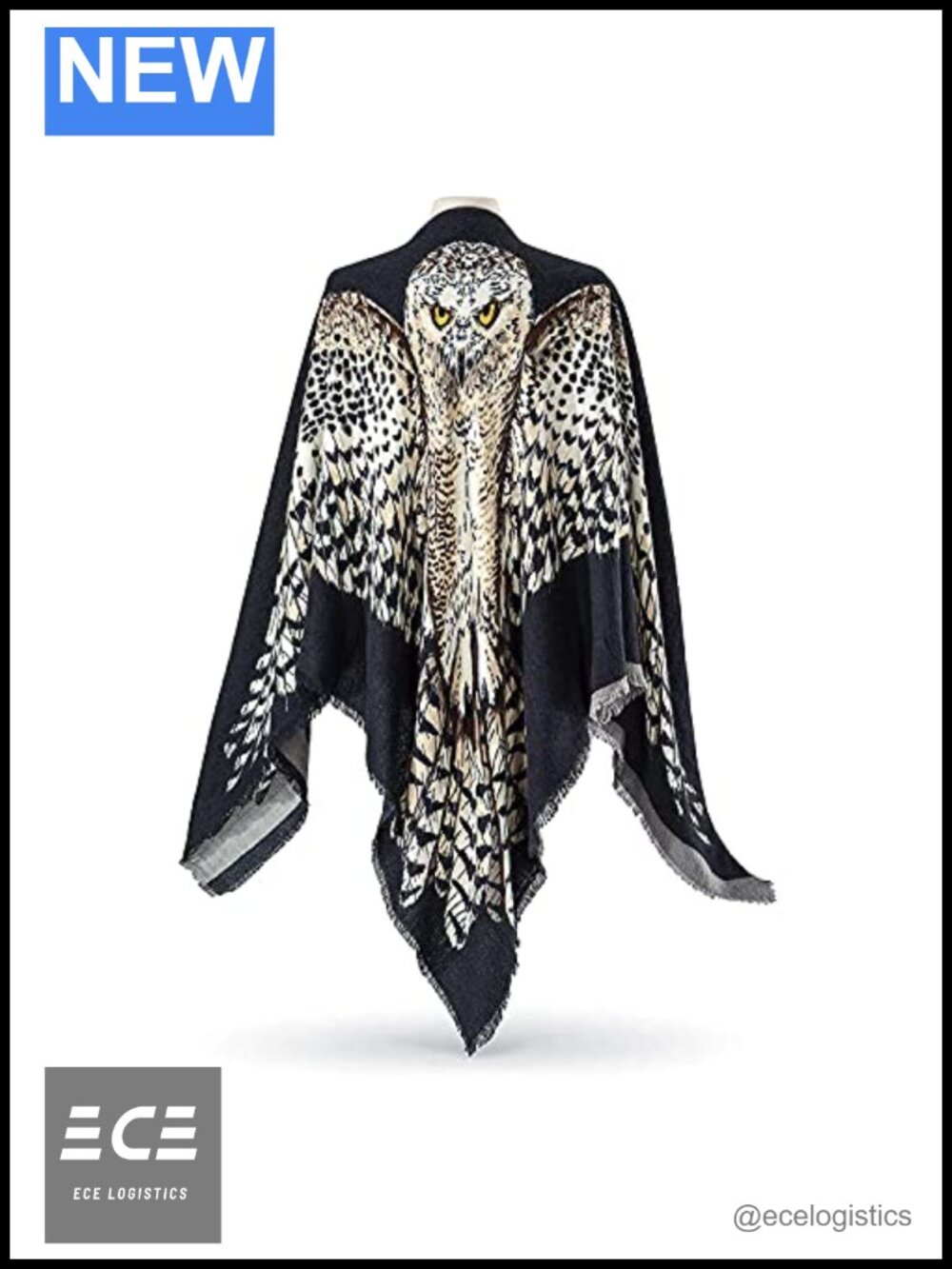 Owl Print Reversible Scarf Shawl 100% Acrylic 56" Square Fringed Wrap